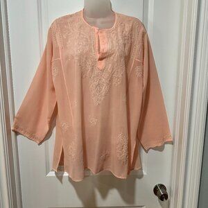 Vintage 90’s Pastel Pink Long Sleeve Tunic w/Floral Embroidering
